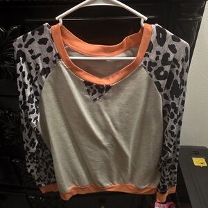 Leopard Print Raglan Sleeve Top with Orange Accents